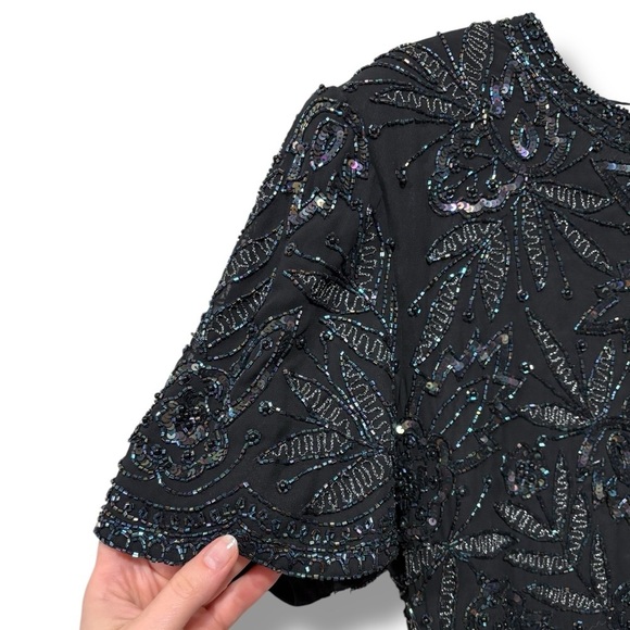 Brilliante Silk Vintage Black Beaded Embroidered Floral Elegant Dress Size Large - Picture 4 of 10